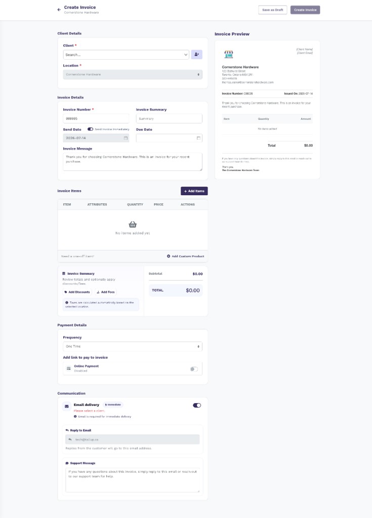 Create Invoice page for Cornerstone Hardware showing form sections on the left and Invoice Preview on the right