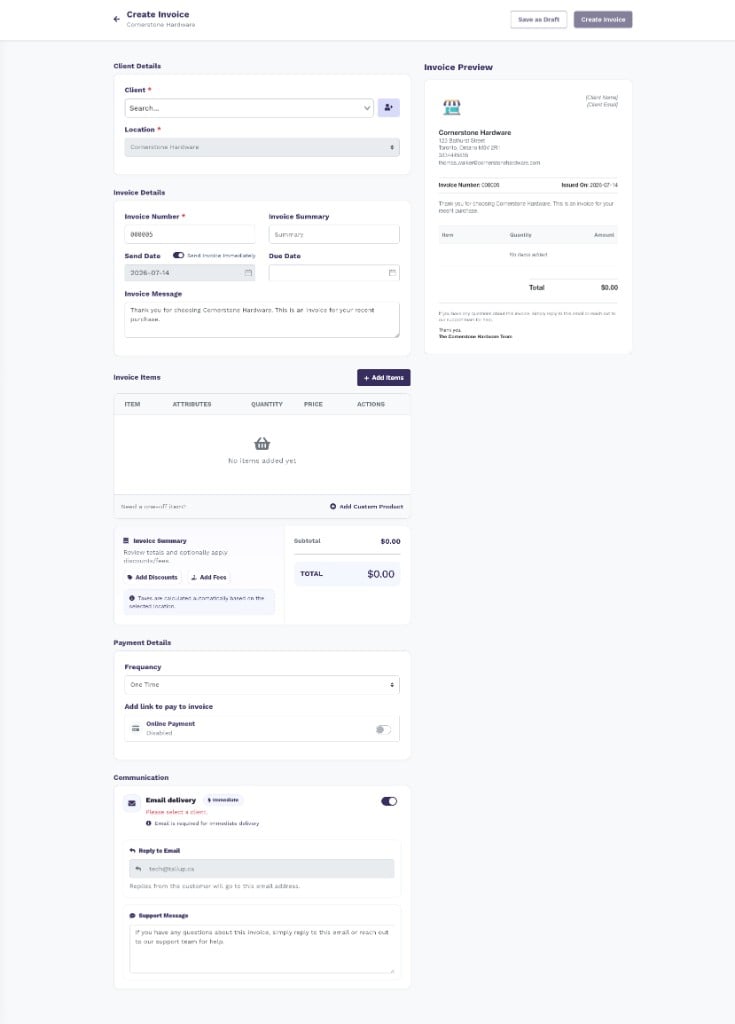 Create Invoice page for Cornerstone Hardware showing form sections on the left and Invoice Preview on the right