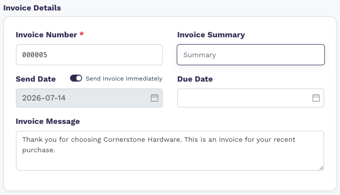 Invoice Details with invoice number 000005, summary, send date 2026-07-14, Send Invoice Immediately toggle on, due date, and invoice message