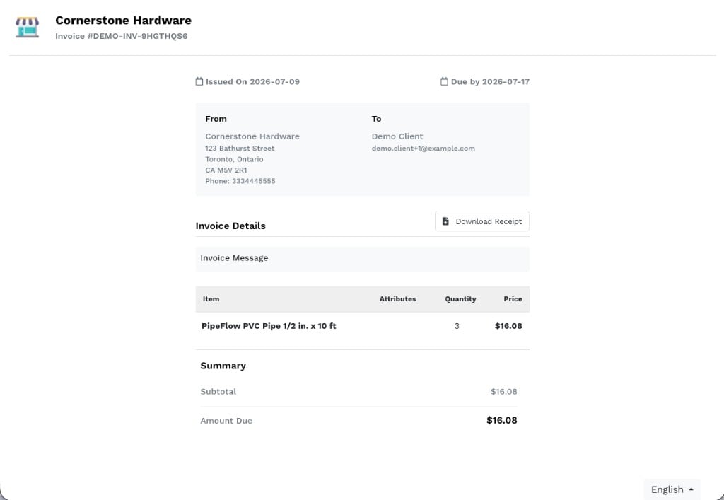 Cornerstone Hardware invoice payment page for Demo Client showing issued and due dates, line item PipeFlow PVC Pipe, amount due $16.08, and Download Receipt button