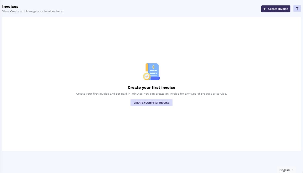 Invoices empty state titled Create your first invoice, with a Create Invoice button in the header and a Create your first invoice button in the center