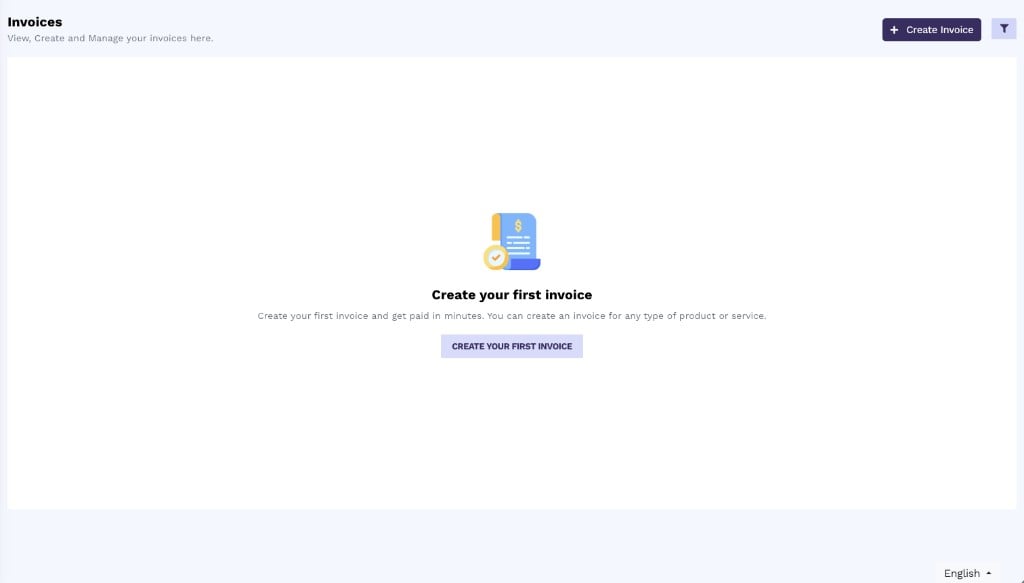 Invoices empty state titled Create your first invoice, with a Create Invoice button in the header and a Create your first invoice button in the center