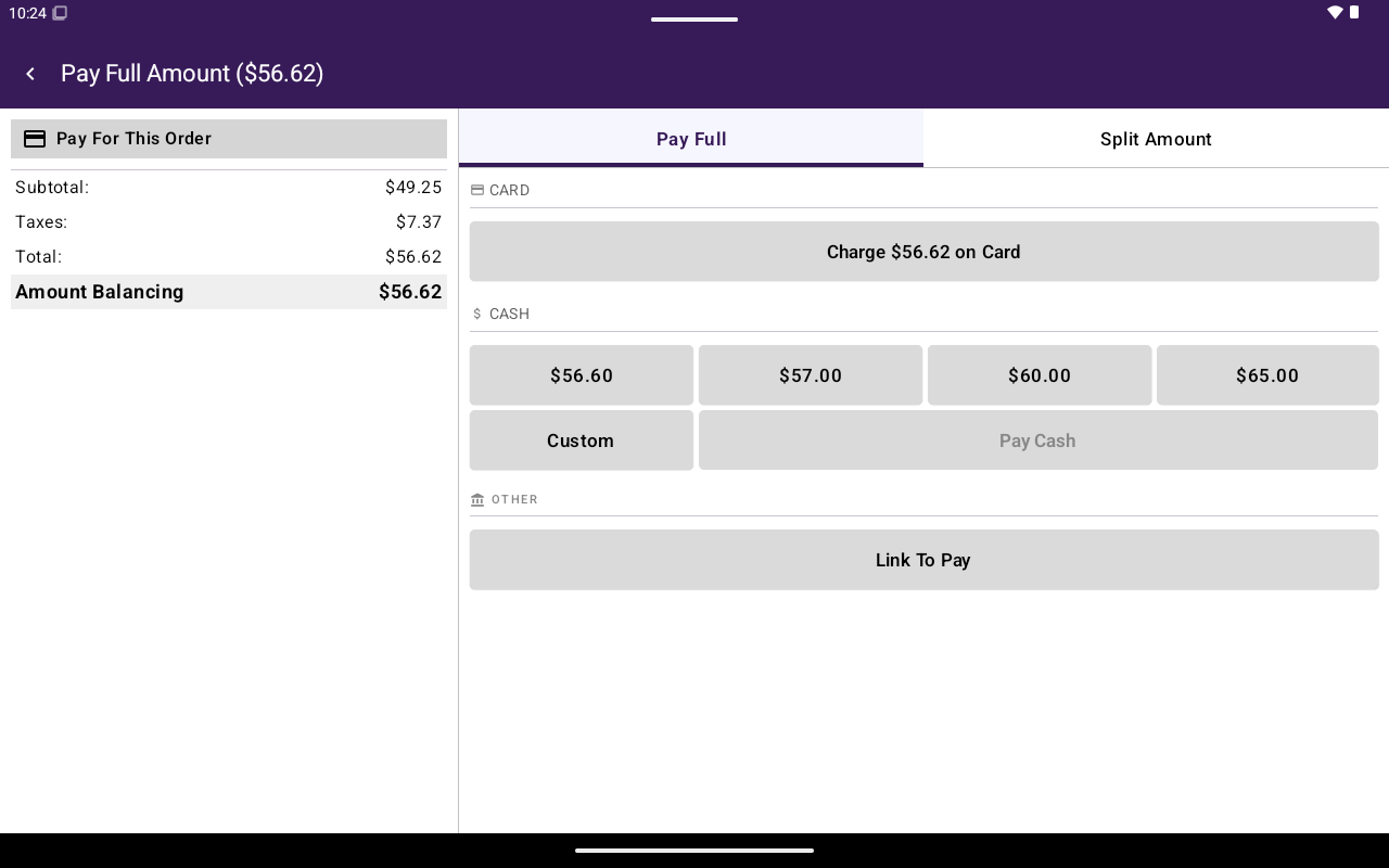 Payment screen with Pay Full / Split Amount and card/cash options
