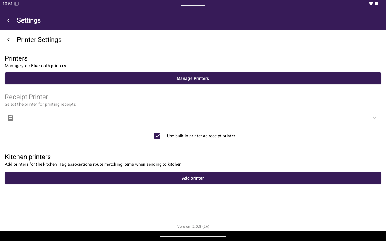 Printer Settings with receipt and kitchen printer sections