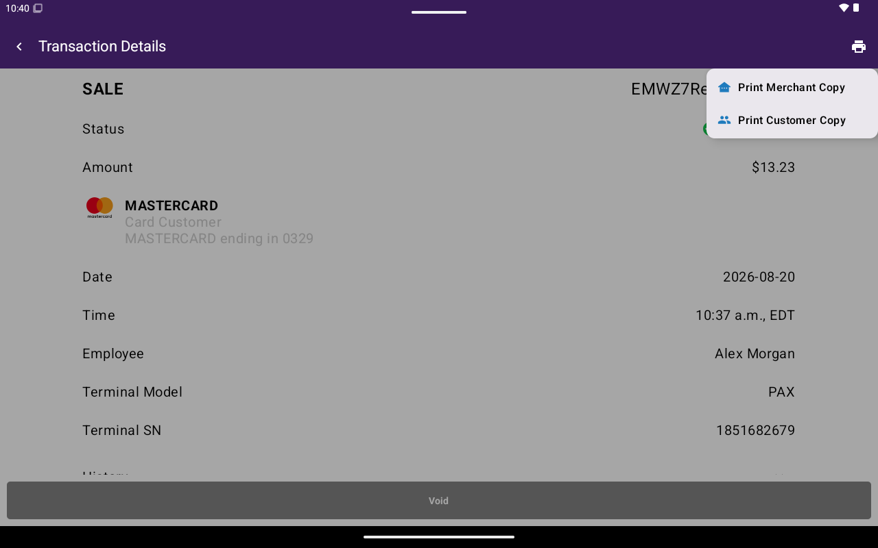menu d'impression avec Imprimer la copie du commerçant et Imprimer la copie du client