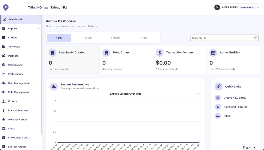 Taliup HQ dashboard showing the main sidebar with Entities, Devices, and Settings navigation