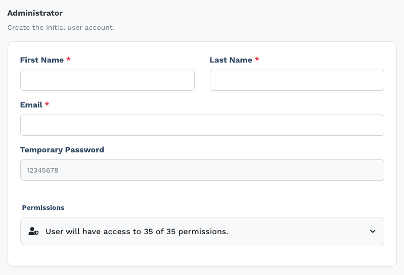 Administrator card with fields for first name, last name, email, temporary password, and a collapsible permissions list