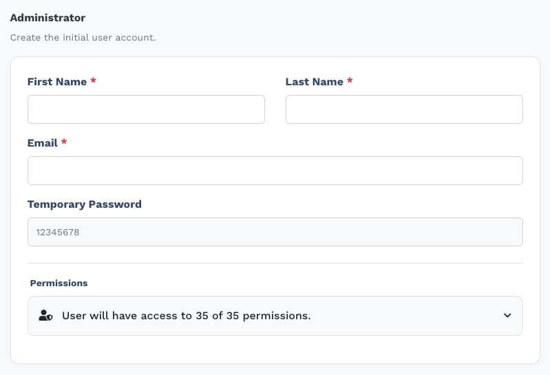 Administrator card with fields for first name, last name, email, temporary password, and a collapsible permissions list