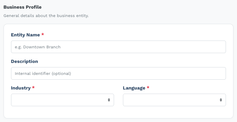 Business Profile card with fields for Entity Name, Description, Industry, and Language