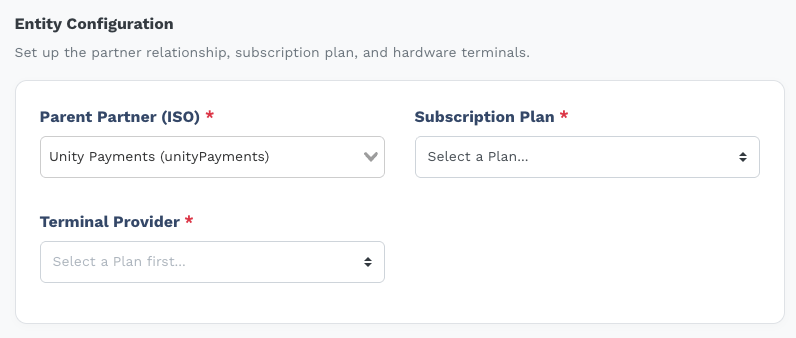 Entity Configuration card with fields for Parent Partner, Subscription Plan, Terminal Provider, Payment Provider, Offered Payment Types, and Open Sale Only