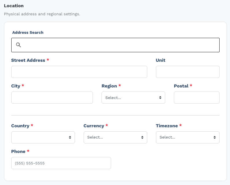 Location card with address search bar and individual fields for street, city, region, postal, country, currency, timezone, and phone