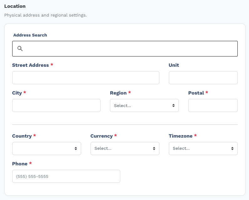 Location card with address search bar and individual fields for street, city, region, postal, country, currency, timezone, and phone