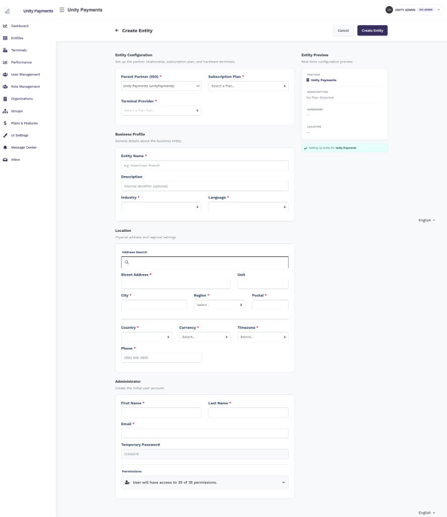 Create Entity form with Entity Configuration, Business Profile, Location, Technical Configuration, and Administrator sections alongside the Entity Preview sidebar