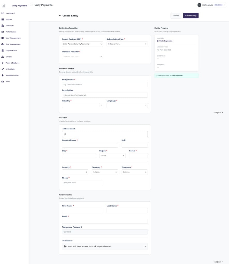 Create Entity form with Entity Configuration, Business Profile, Location, Technical Configuration, and Administrator sections alongside the Entity Preview sidebar