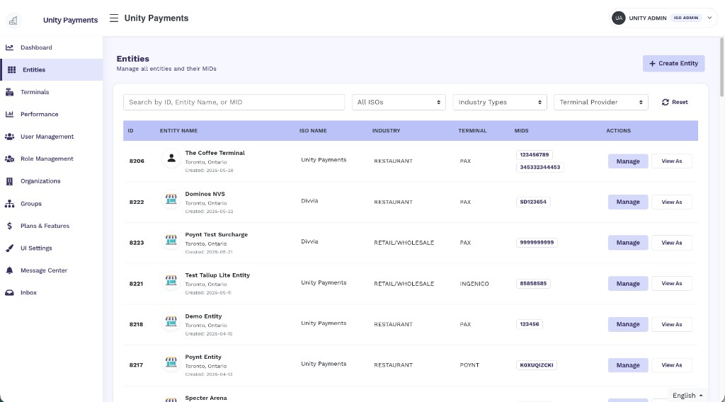 Taliup HQ Entities page with filter bar, entity list showing ID, Entity Name, ISO Name, Industry, Terminal, MIDs, and Actions columns
