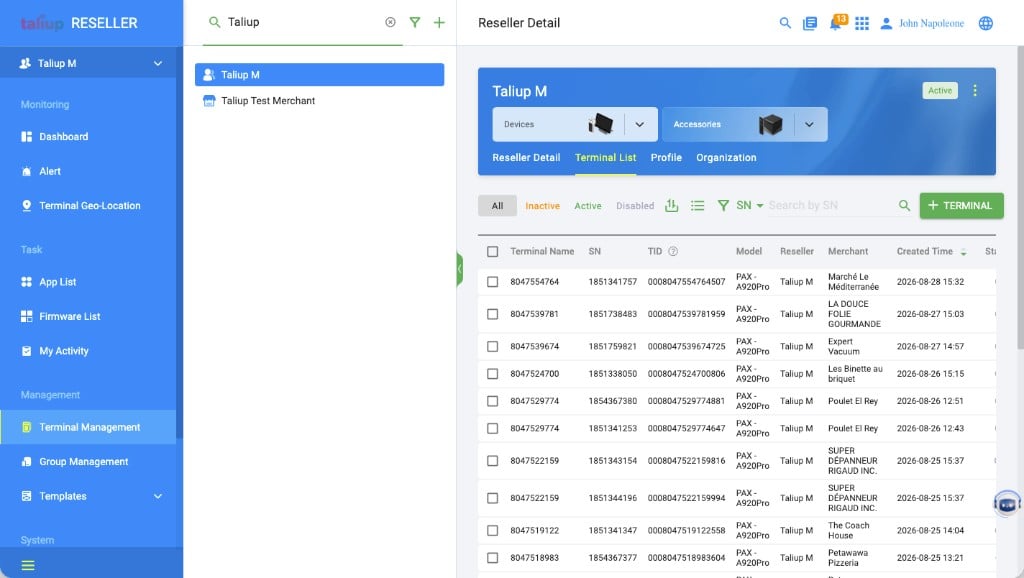 PaxStore Terminal Management search for Taliup with Taliup M selected