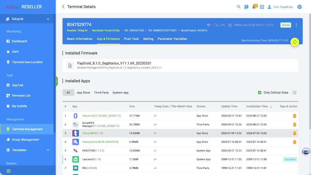 PaxStore App & Firmware tab listing Taliup MEV 1.1.6 under Installed Apps with an uninstall action