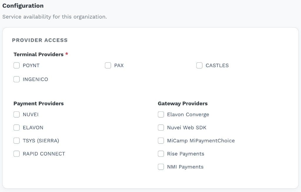Configuration PROVIDER ACCESS avec cases Terminal, Payment et Gateway