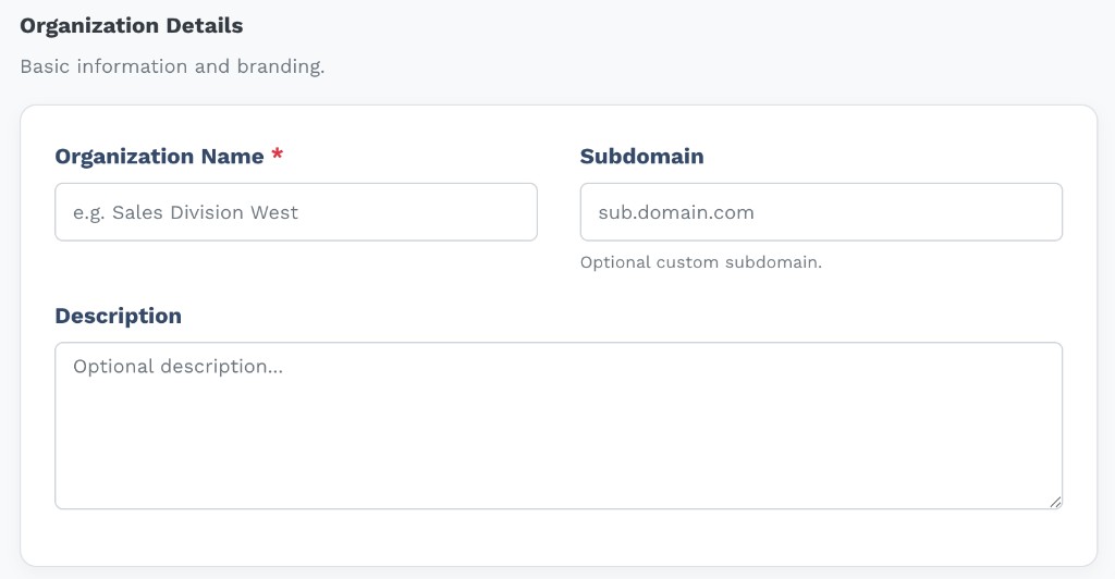 Organization Details section with Organization Name (required), Subdomain (optional), and Description textarea