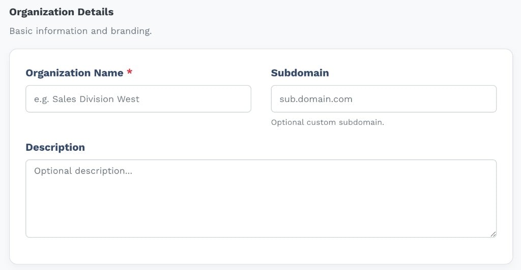 Organization Details avec Organization Name (obligatoire), Subdomain (facultatif) et Description