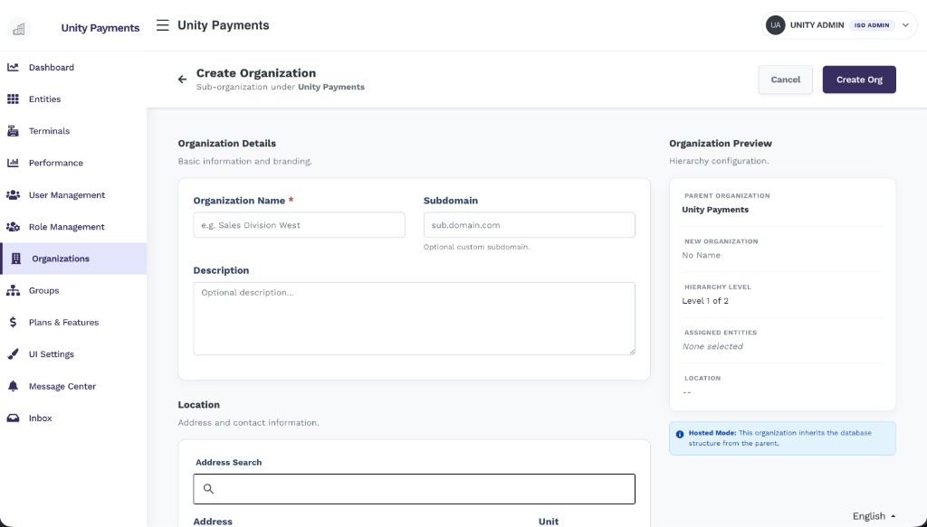 Create Organization page with a form on the left and a live Organization Preview panel on the right showing hierarchy level and assigned entities