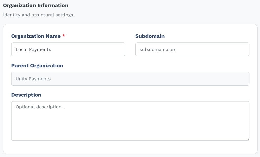 Organization Name Local Payments, Subdomain, Parent Organization Unity Payments (lecture seule), Description