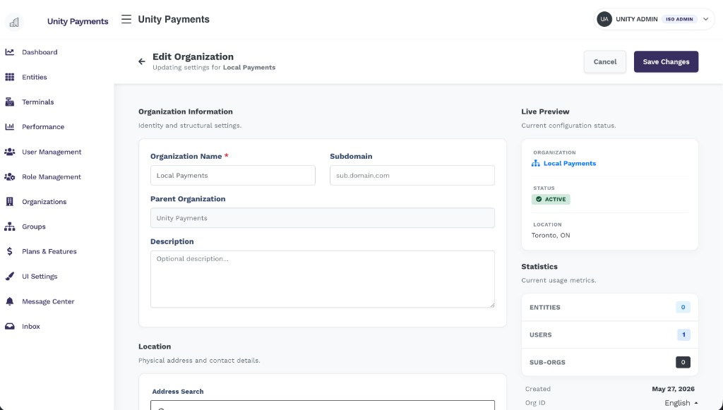 Edit Organization page with Organization Information (Name, Subdomain, Parent Organization, Description), Location section below it, and a Live Preview + Statistics sidebar on the right