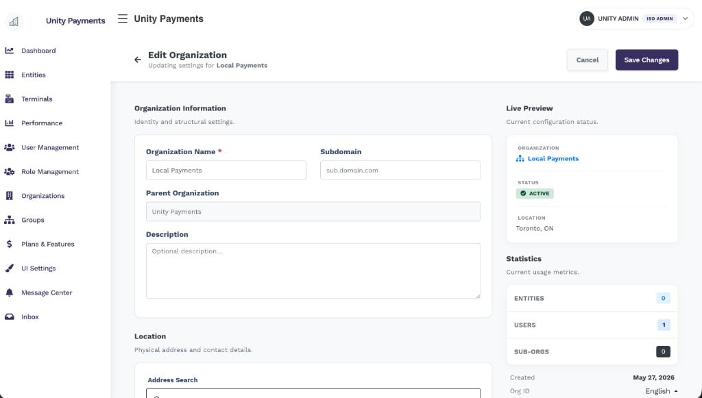 Edit Organization avec Name, Subdomain, Parent Organization, Description, Location et barre latérale Live Preview