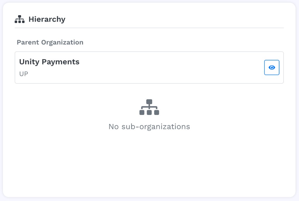 Hierarchy panel showing Parent Organization: Unity Payments (UP) with a view link, and a 'No sub-organizations' placeholder below