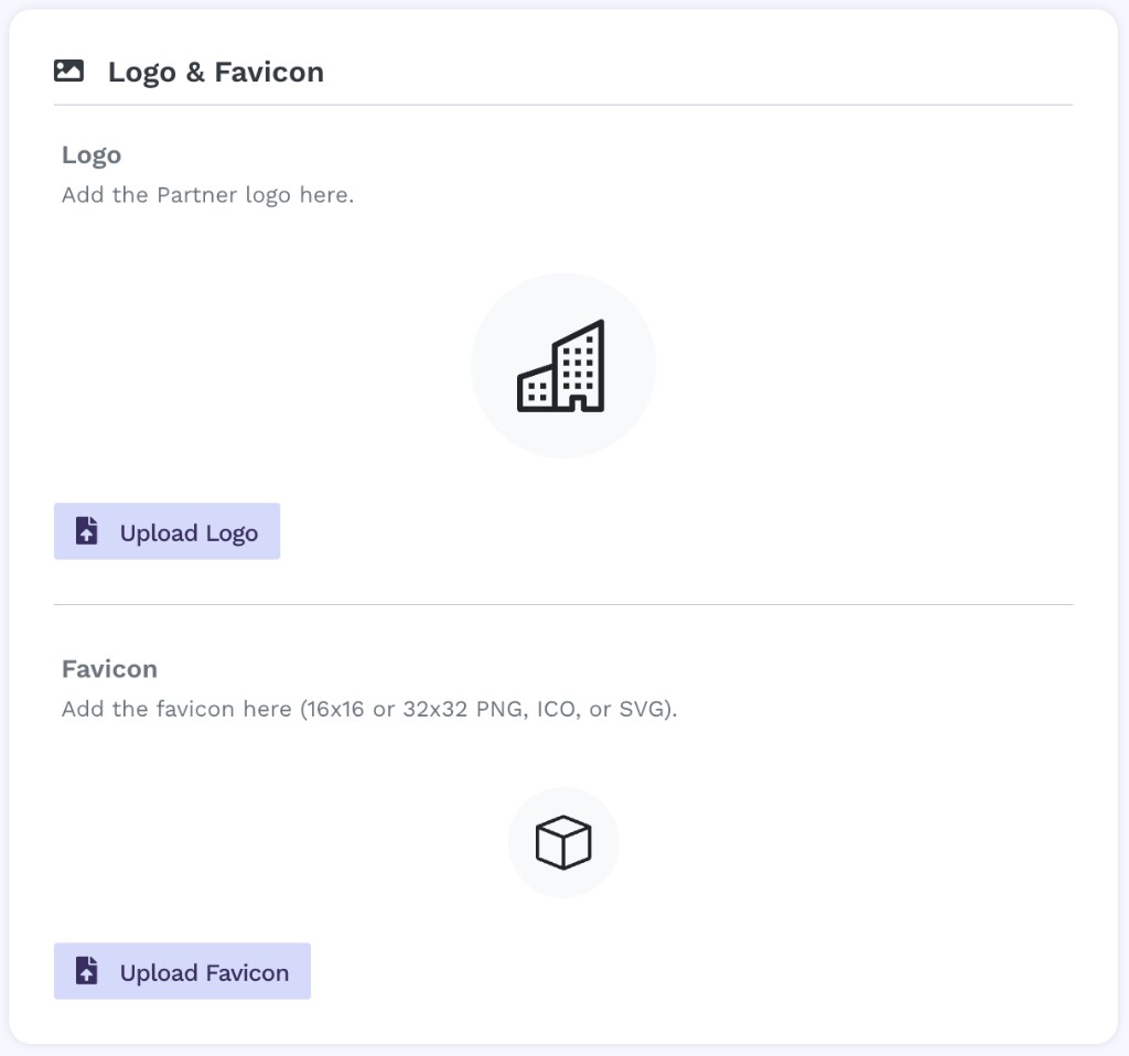 Logo & Favicon panel with an Upload Logo button under a placeholder logo area, and an Upload Favicon button under a favicon placeholder. Favicon accepts 16x16 or 32x32 PNG, ICO, or SVG.