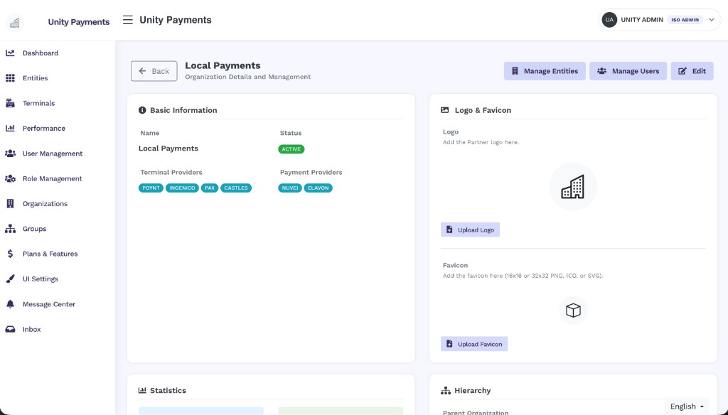 Manage page for Local Payments with Basic Information panel showing name, status badge, terminal providers (POYNT, INGENICO, PAX, CASTLES), and payment providers (NUVEI, ELAVON); Logo & Favicon upload panels on the right