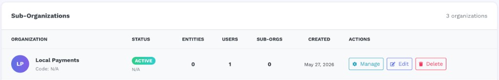 Organization row for Local Payments showing Active status, 0 Entities, 1 User, 0 Sub-Orgs, created May 27 2026, with Manage, Edit, and Delete buttons
