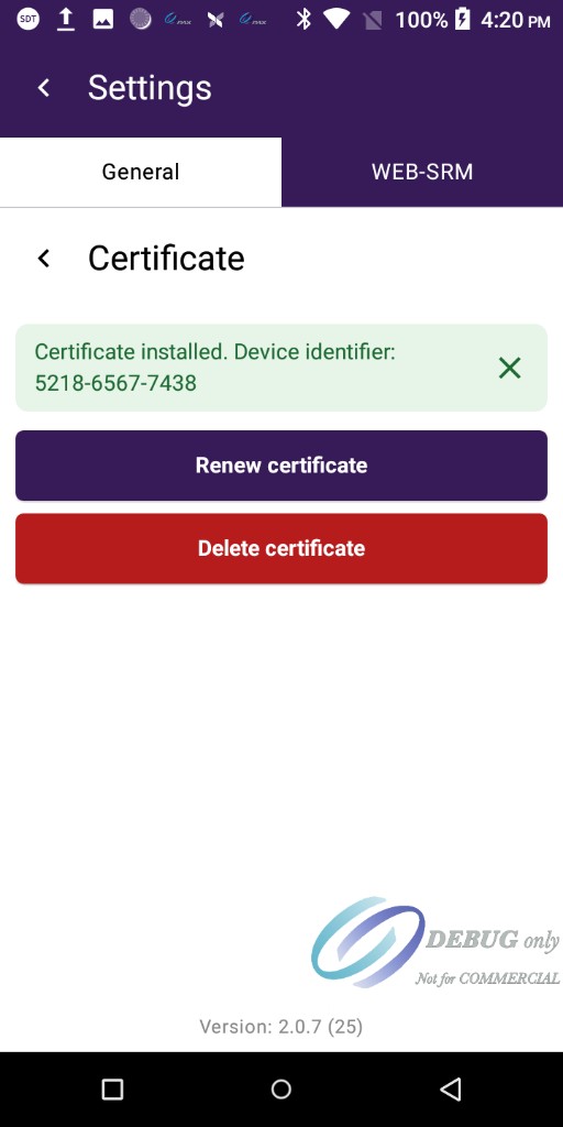 WEB-SRM Certificate screen showing Certificate installed with Renew certificate and Delete certificate actions