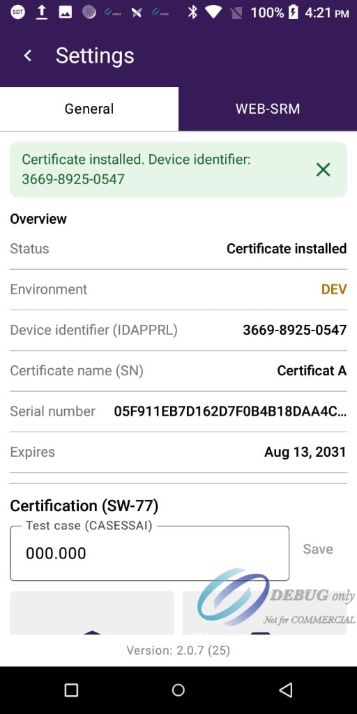 WEB-SRM Overview showing Certificate installed, device identifier, certificate name, serial number, and expiry date