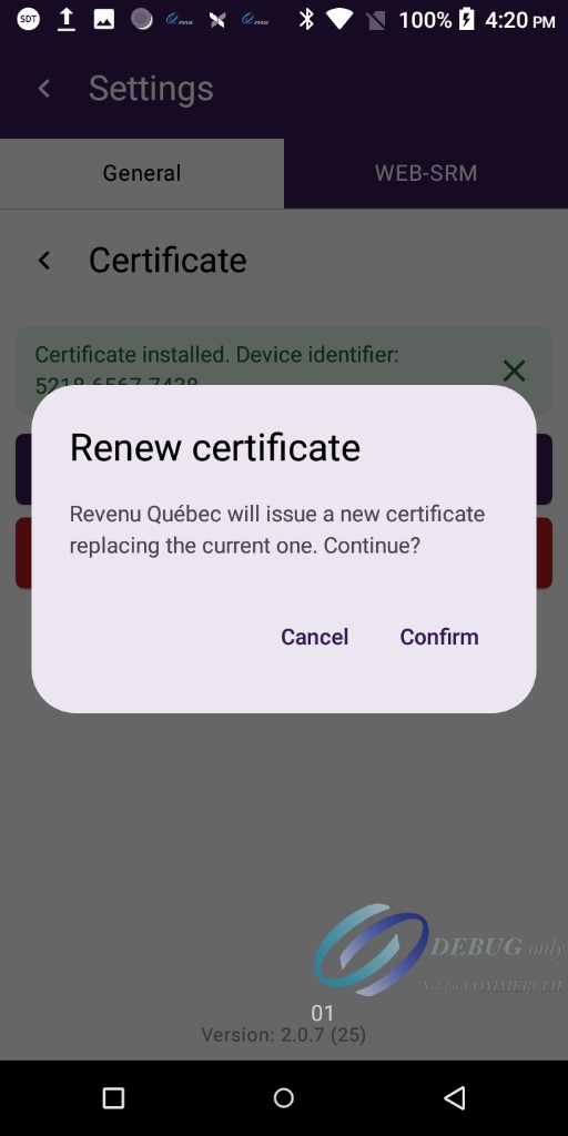 Renew certificate dialog asking to continue with Cancel and Confirm actions