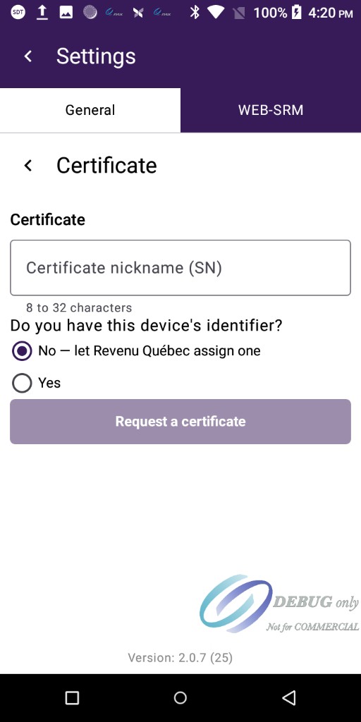 Certificate screen with nickname field, device identifier radio buttons, and Request a certificate button