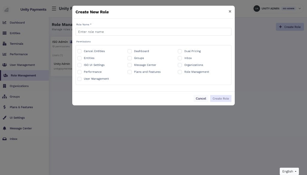 Create New Role modal with a Role Name text input and a grid of 13 permission checkboxes including Dashboard, Entities, Performance, User Management, Role Management, Groups, Plans and Features, Organizations, ISO UI Settings, Message Center, Inbox, Cancel Entities, and Dual Pricing, with Cancel and Create Role buttons