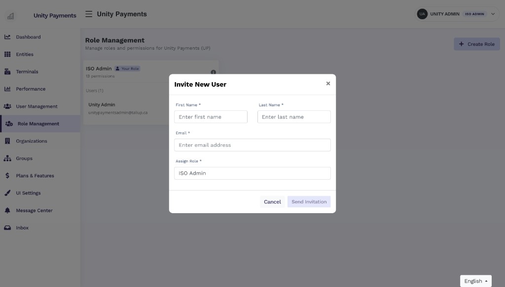 Invite New User modal with First Name, Last Name, and Email text inputs and an Assign Role field showing 'ISO Admin', with Cancel and Send Invitation buttons