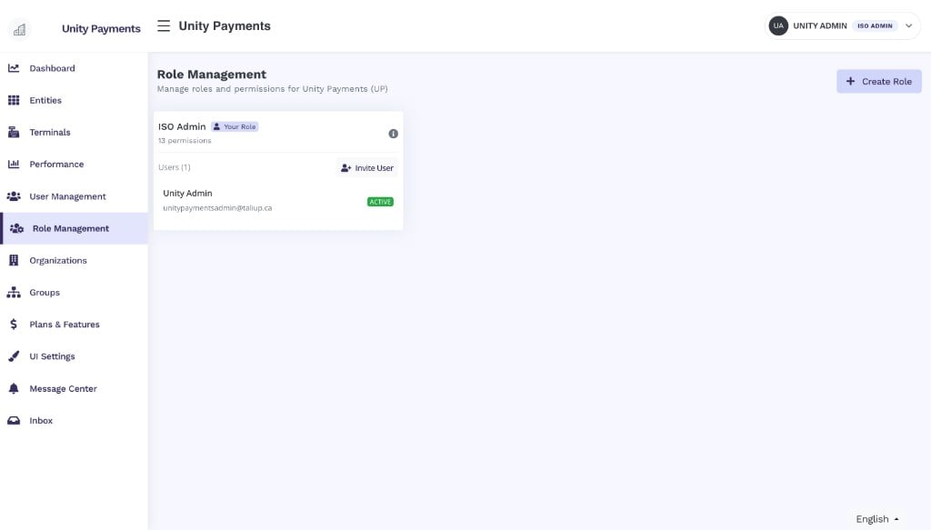 Role Management page showing the ISO Admin role card labelled 'Your Role' with 13 permissions, one active user listed, an Invite User button, and a Create Role button in the top-right corner