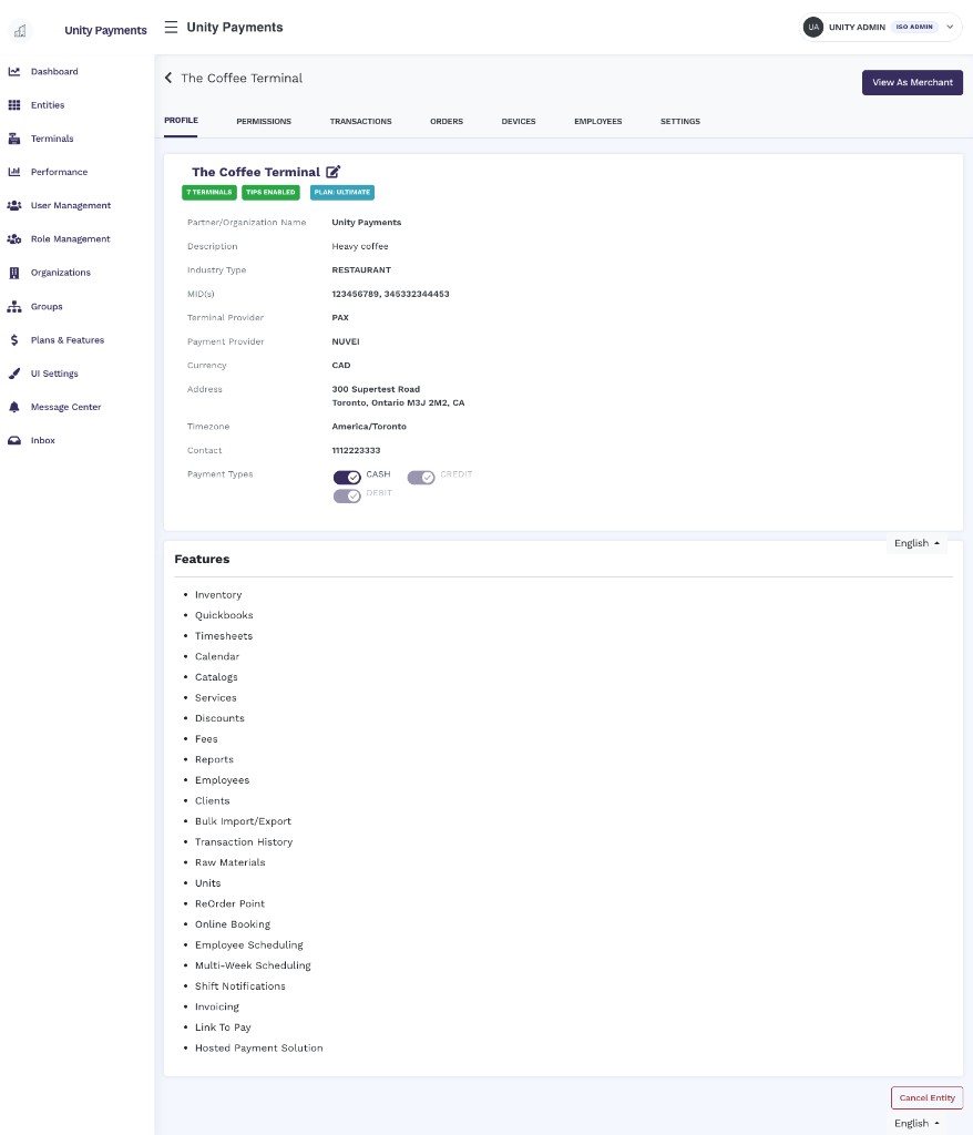 Manage Entity Profile page showing status badges, profile details table, Payment Types toggles, Features list, and Entity Timeline panel