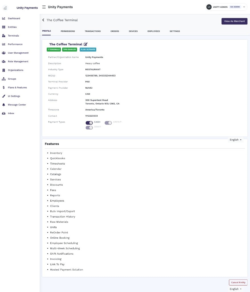 Manage Entity Profile page showing status badges, profile details table, Payment Types toggles, Features list, and Entity Timeline panel