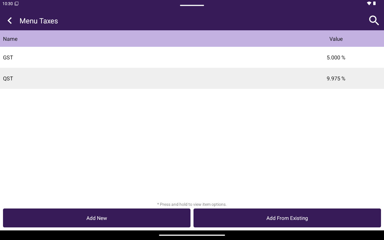 Menu/Catalog Taxes list with Name and Value