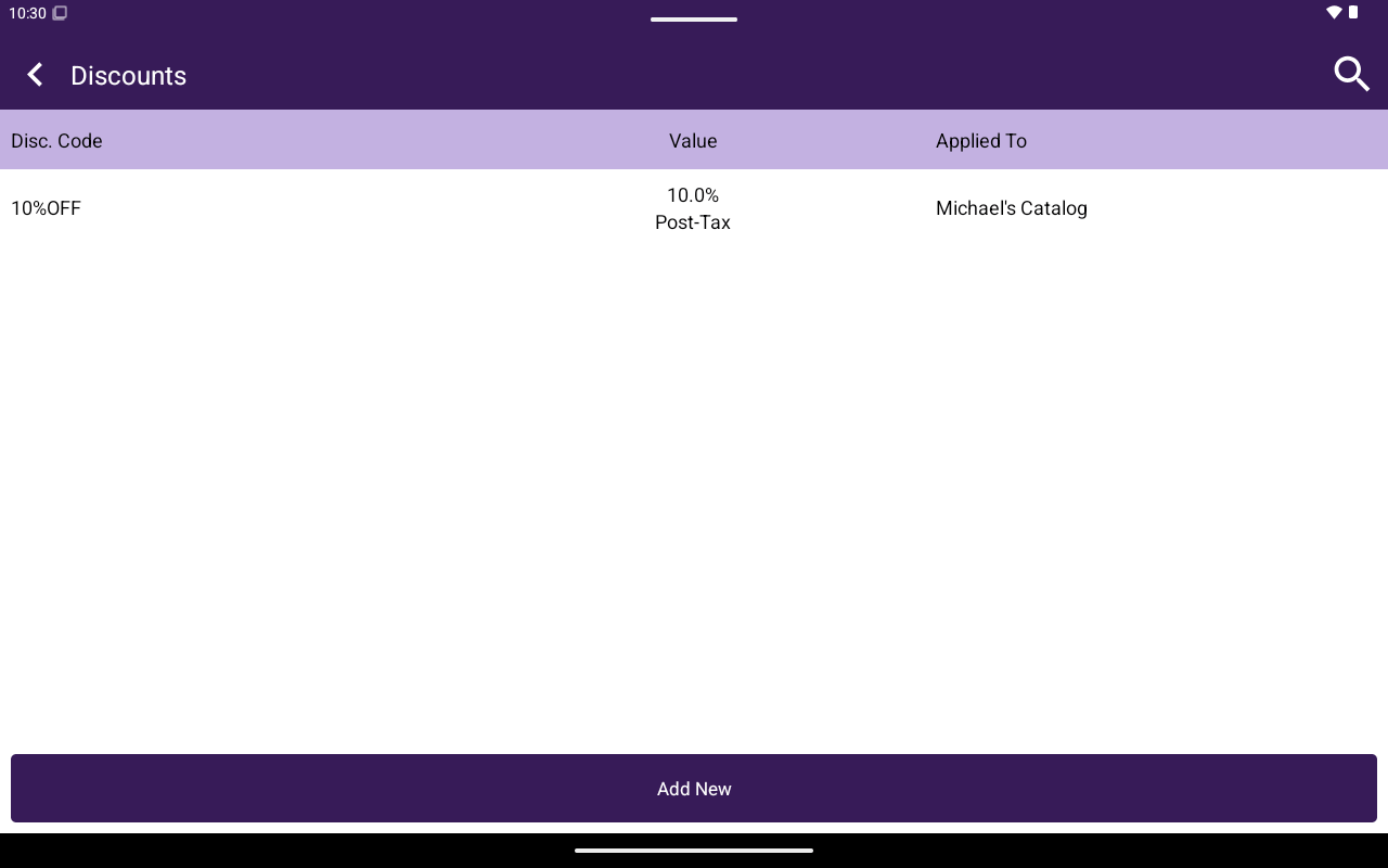 Discounts list with Disc. Code, Value, Applied To