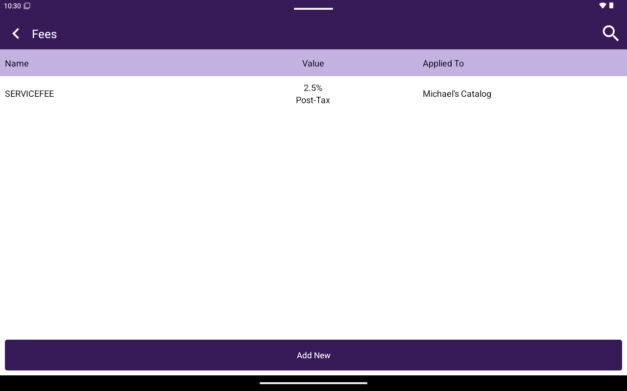 Fees list with Name, Value, Applied To