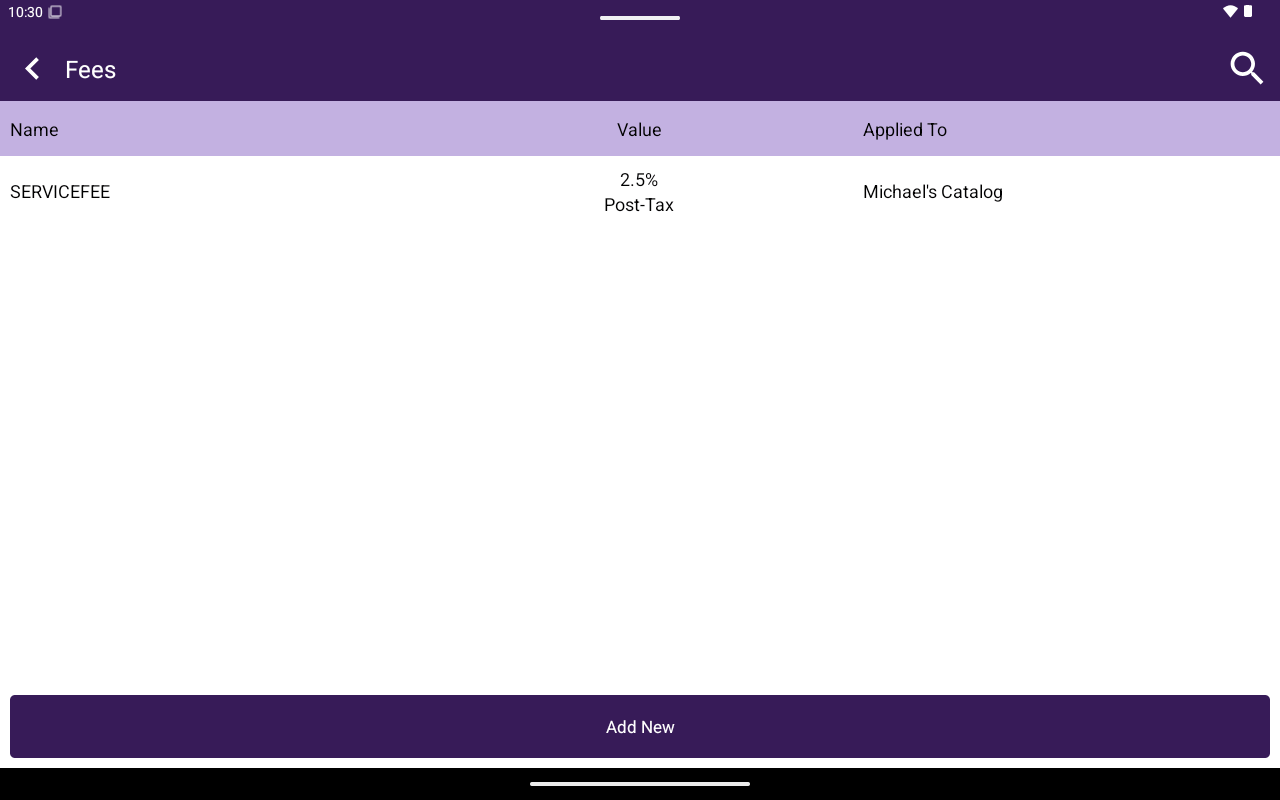 Fees list with Name, Value, Applied To