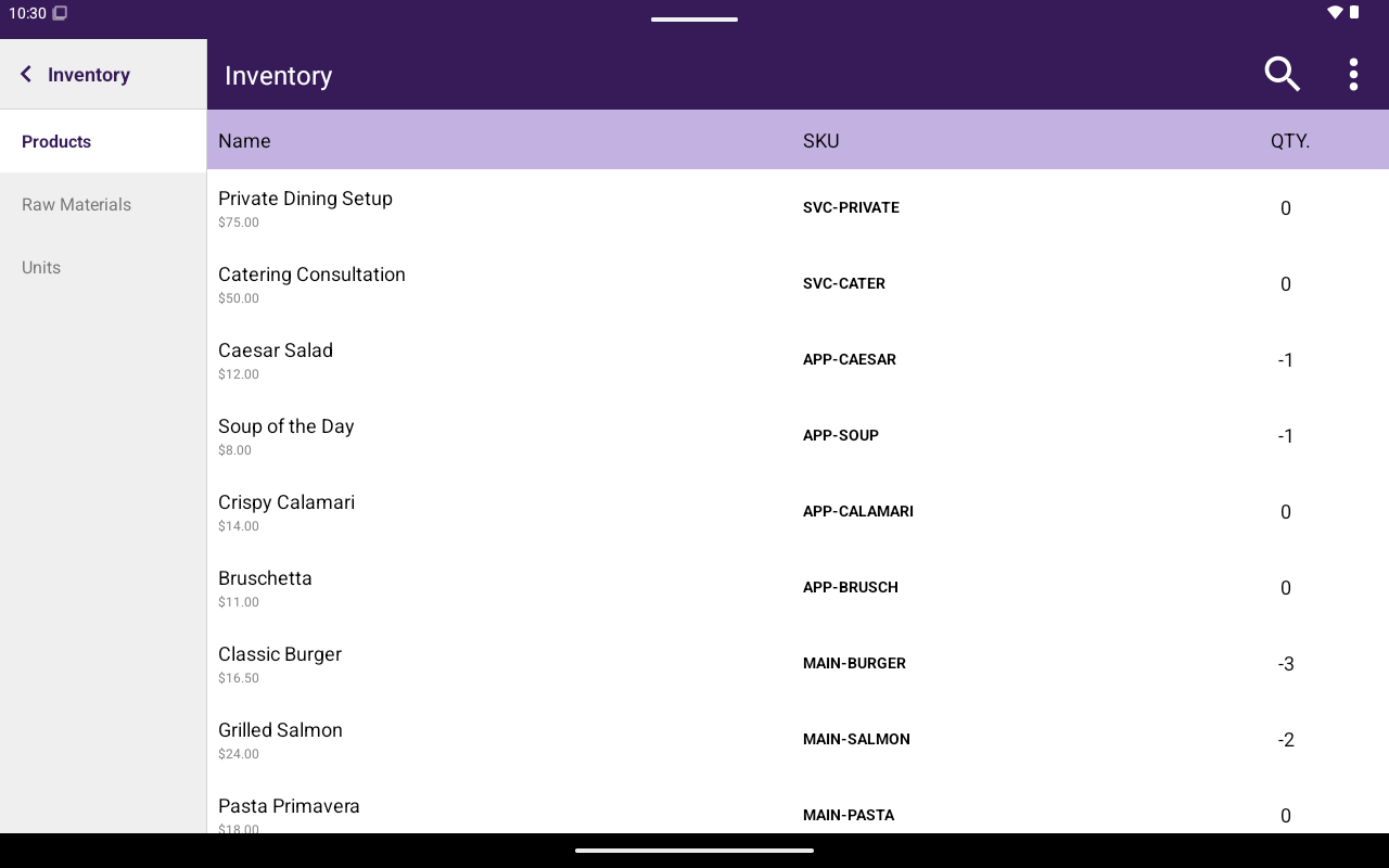 Inventory products list with Name, SKU, QTY