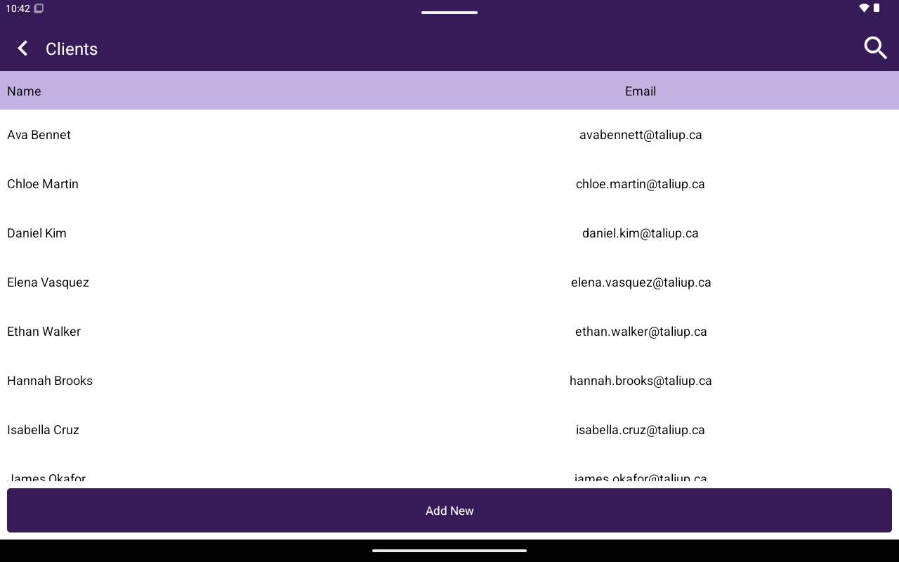 Clients list with Name and Email columns