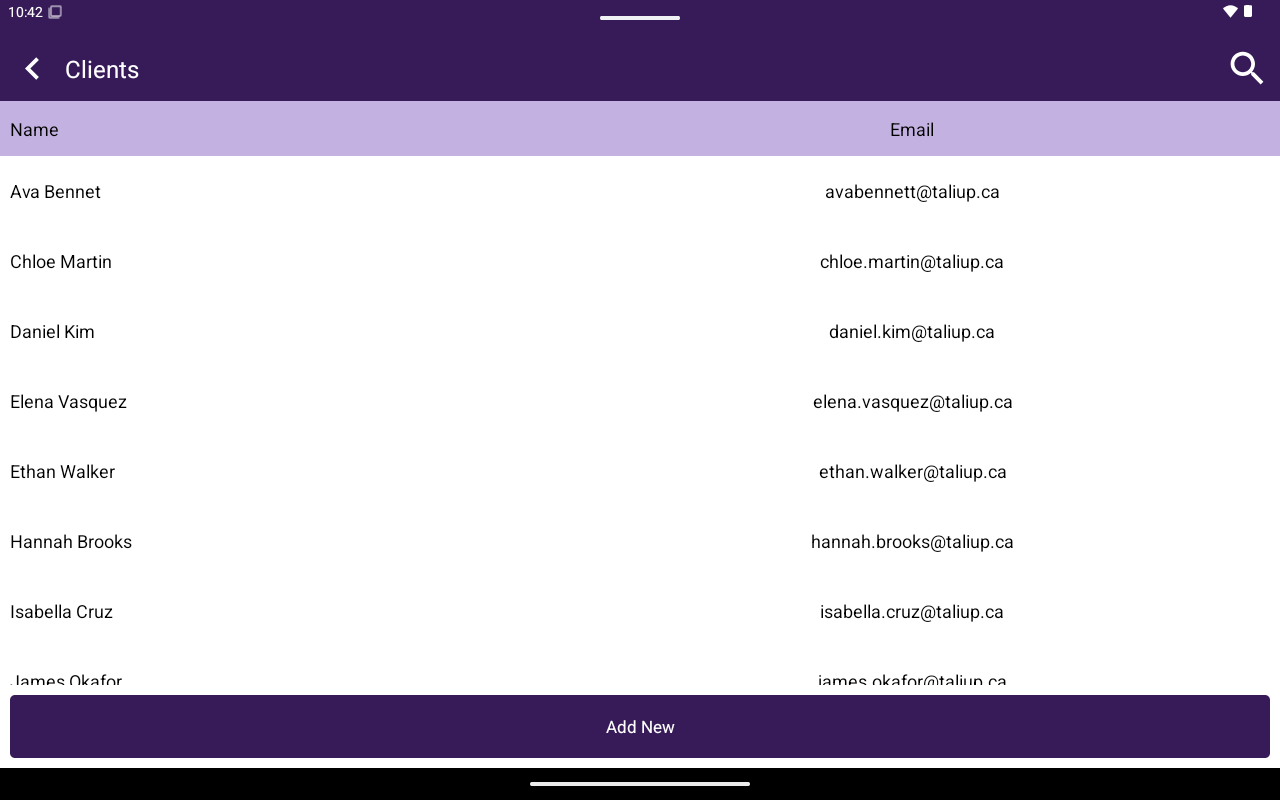 Clients list with Name and Email columns