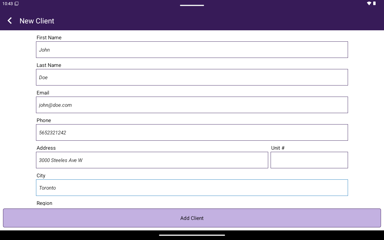 New Client form