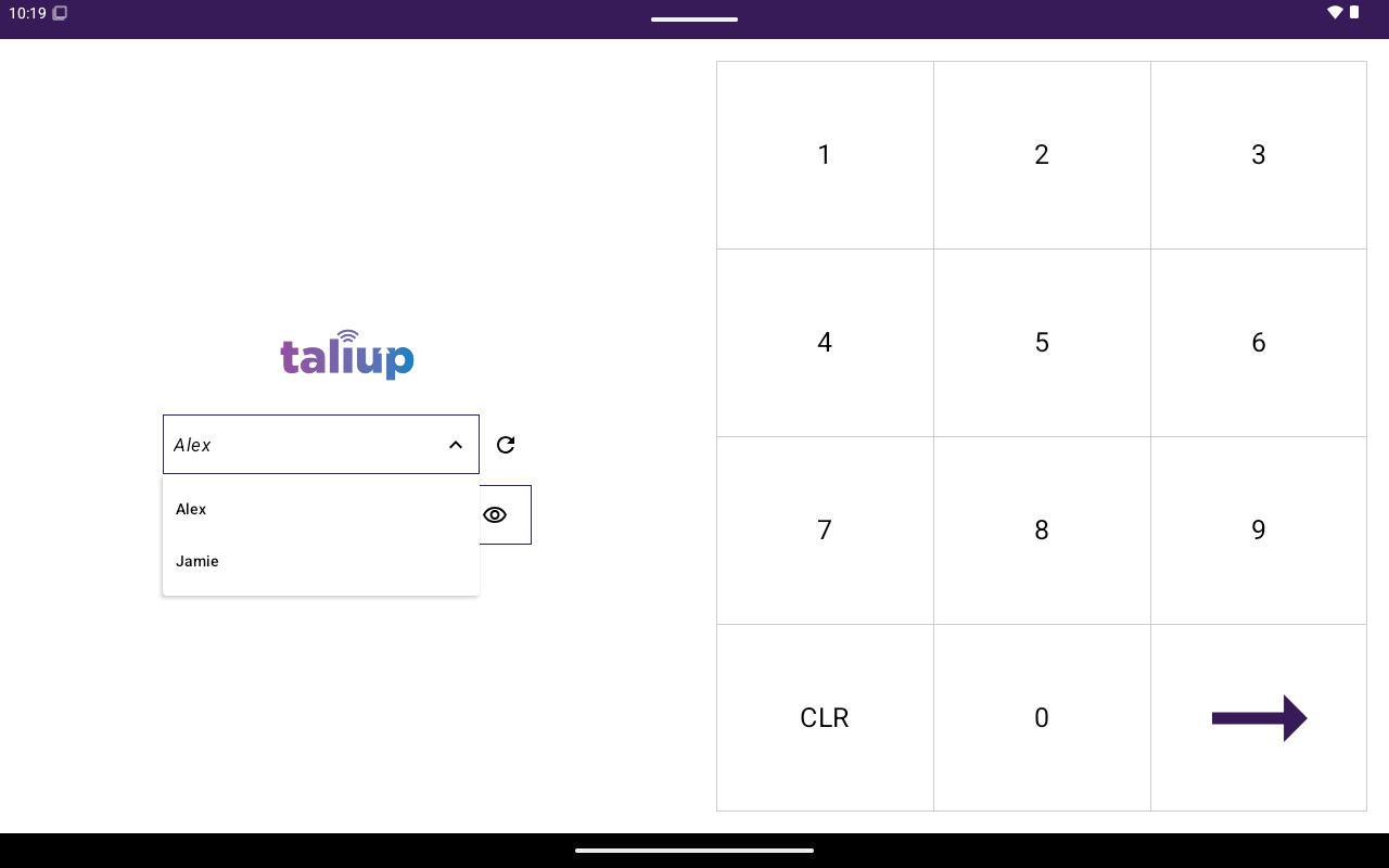 Login screen with user list and passcode pad